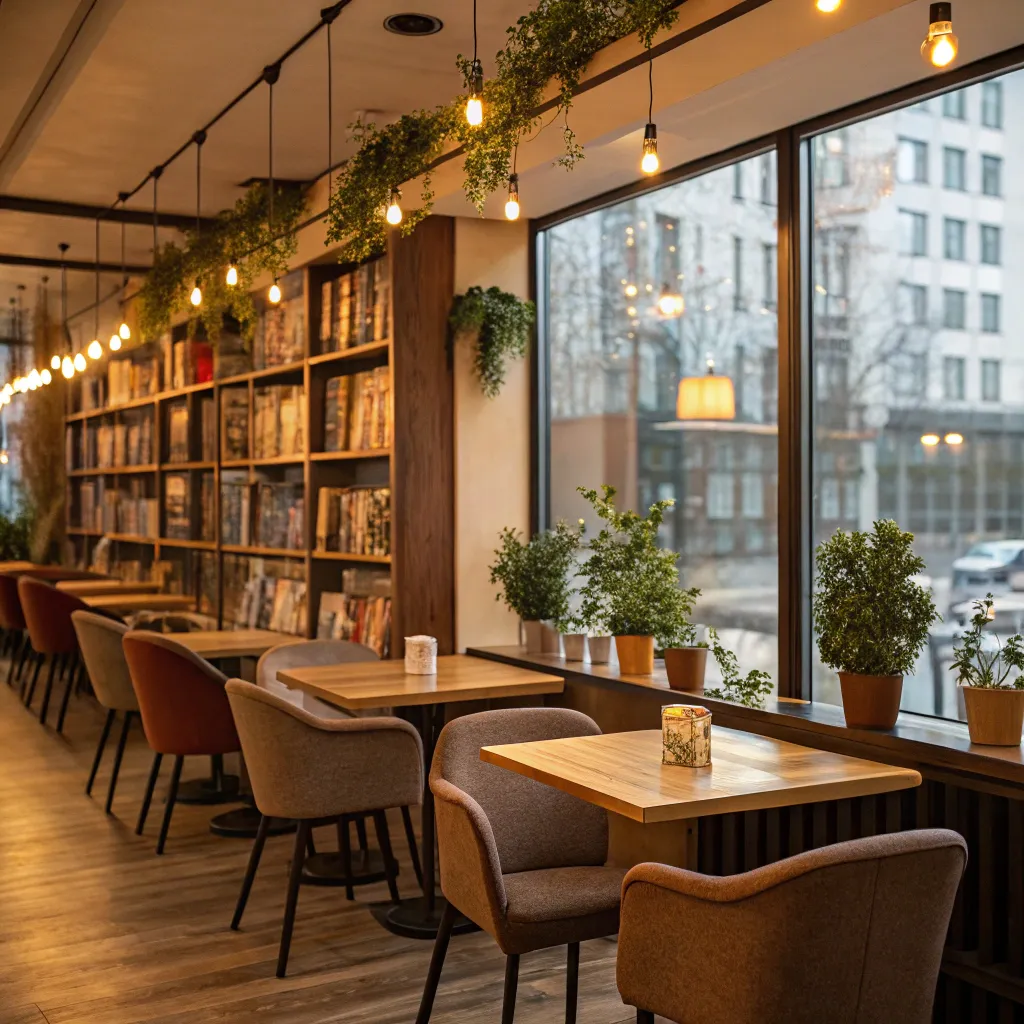 A cozy cafe with empty tables