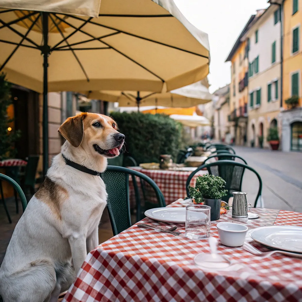 Dog sitting beside an outdoor cafe table